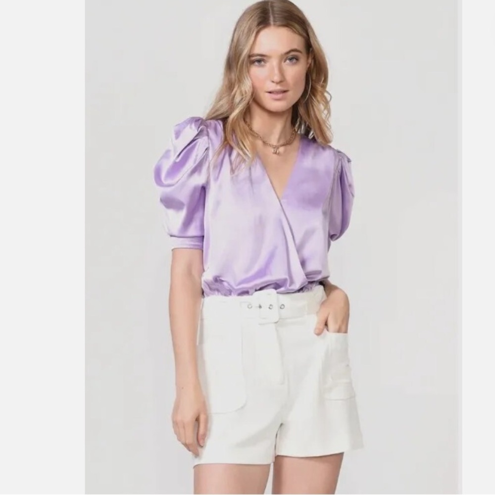 Lila Sateen Bodysuit - Adelyn Rae Lilac Purple Faux Wrap Puff Sleeves Small